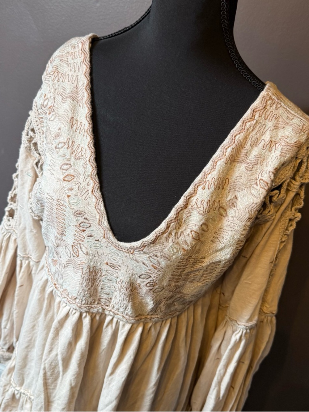 Free People Cream Embroidered V-Neck Tiered Mini Dress - Picture 2 of 5